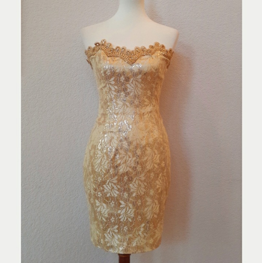 ✨ Gunne Sax Jessica Mcclintock Evening Barbie Gold Cocktail Dress